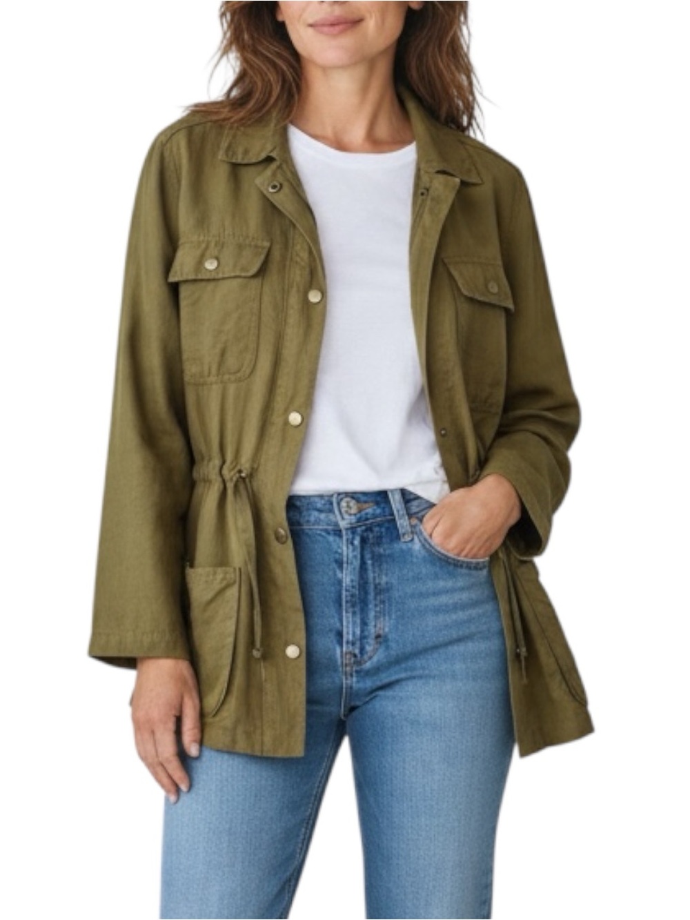 Nicole Miller New York Utility Linen Jacket Green Lightweight Drawstring Women L